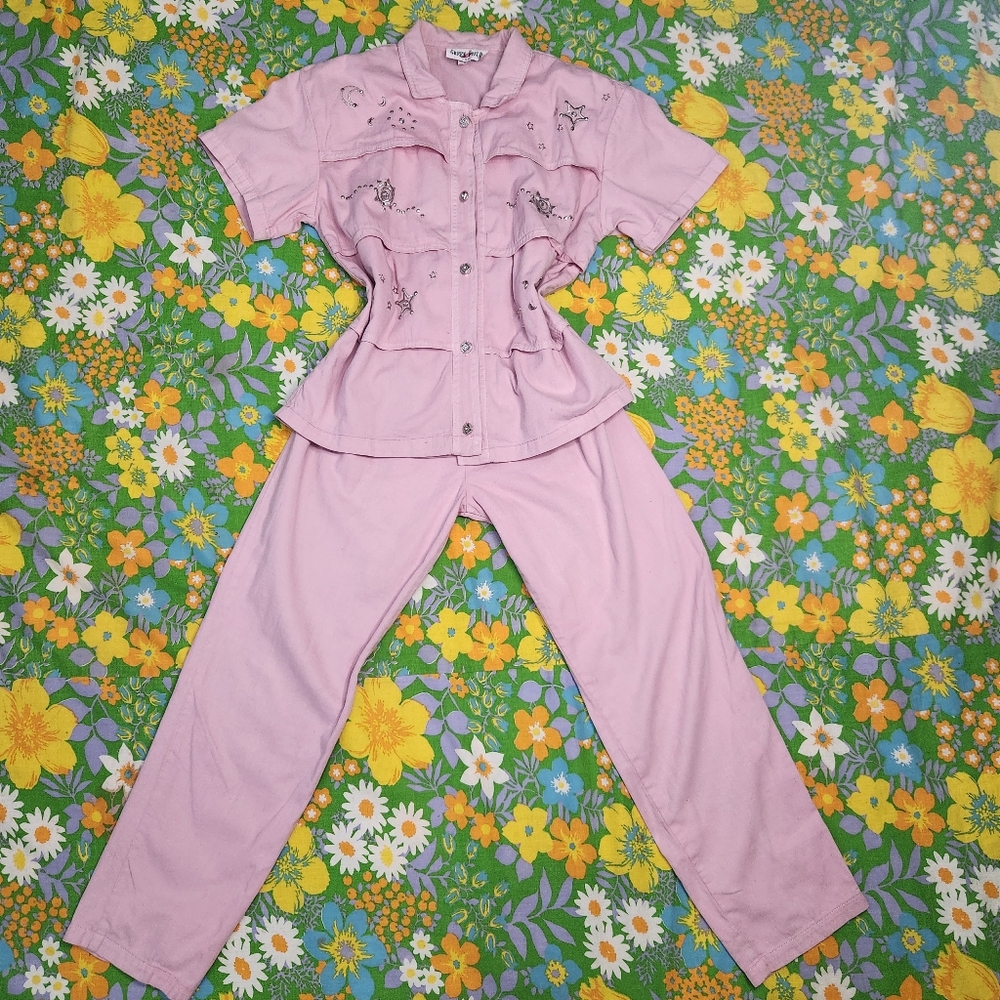 Vintage 80s Green Field Pink Whimsical Celestial 2 Piece Pants Set